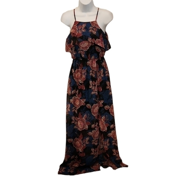 𝅺IZ Byer Floral Halter Keyhole Back Side Slit Maxi Dress - Picture 2 of 7